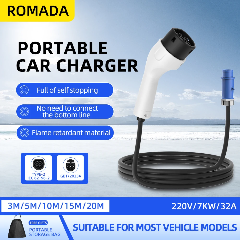Portable Ev Charger 32A Type 2 Cee Plug - ROMADA Type2 IEC62196-2 para vehículo eléctrico